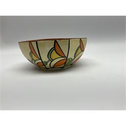 Newport Pottery Clarice Cliff Bizarre octagonal bowl brightly painted with stylised panels in orange, yellow and green L17.5cm