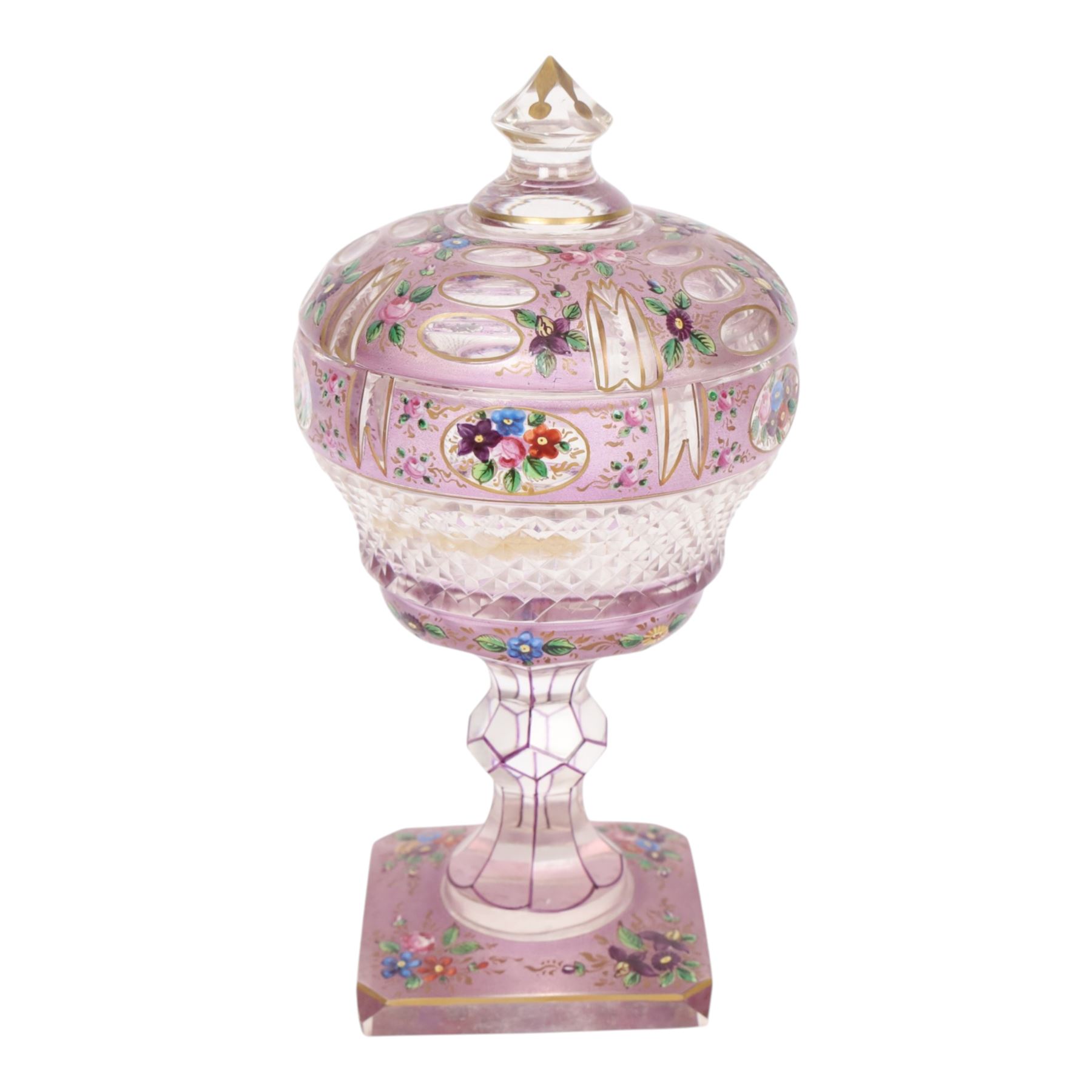Victorian glass bon bon dish and cover, decorated with hand painted flowers and gilt detail, upon a knopped stem and square base, H22cm
