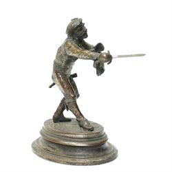 Early 19th century bronze 'go to bed' in the form of a seated Chinese figure on a rococo base W11cm and a plated on copper figure of a swordsman H12cm (2)