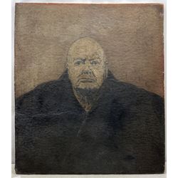 Patrick Rixson (Welsh 1940-1974): Winston Churchill, oil on canvas signed and dated 1965, 106cm x 93cm (fire damaged) (unframed)
