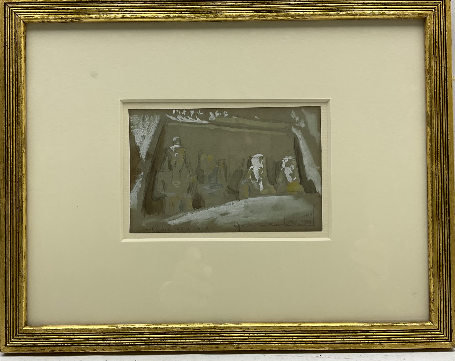 Frederick Arthur Bridgman (USA 1847-1928): 'Four Colossal Statues of Ramesses II', graphite and watercolour heightened in white annotated and dated 10th Feb.1874 authenticated with 1954 studio stamp 9.5cm x 15cm
Provenance: with Agnew's, Old Bond St., London, Stock No. DB5678, label verso