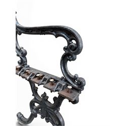 Carron Foundry - two pairs of 19th century cast iron garden bench ends, ornate detail with arms and X shaped legs,finish in black paint, the design no. 110396, first registered 13 July 1857 (see illustration), width as desired