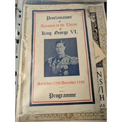 Collection of mostly Royal ephemera and commemorative memorabilia, including souvenir programmes, Royal Pedigrees, postcards, and newspaper reprints, etc, contained within a folder
