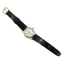 Bueche Girod 9ct gold wristwatch, white enamel dial with subsidiary seconds dial, back case numbered 059701 1006, on black leather strap