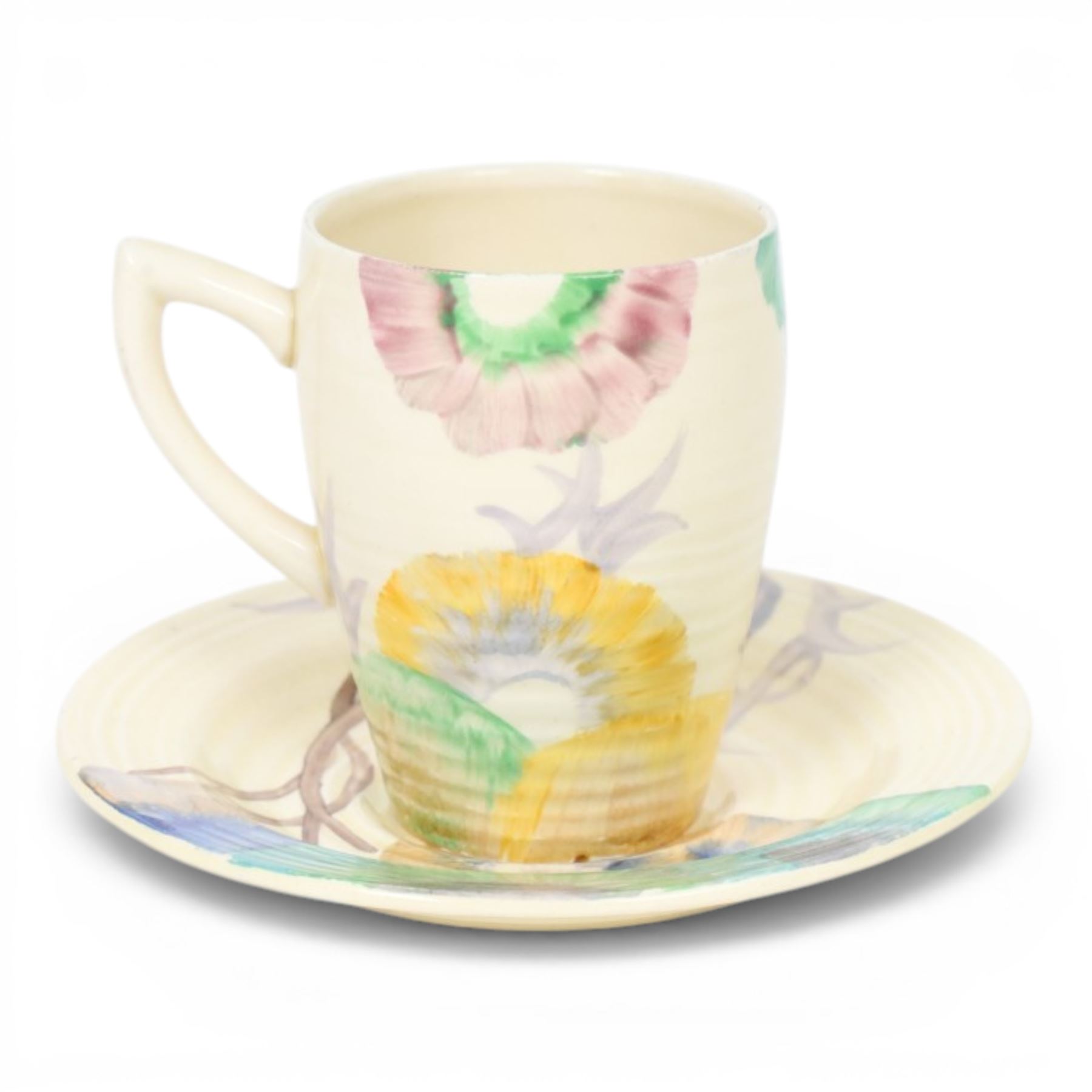 Clarice Cliff Viscaria patter coffee cup and saucer, hand painted with a stylised trees, together with Rhodanthe plate, with Bizarre and printed marks to base, plate D21cm
