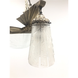  Art Deco Muller Freres hanging light fitting, bronzed metal frame supporting a central hexagonal frosted glass shade matched by three hanging shades, W61cm max  