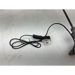 Table lamp, with a thin central stem upon a square stepped base, natural linen shade