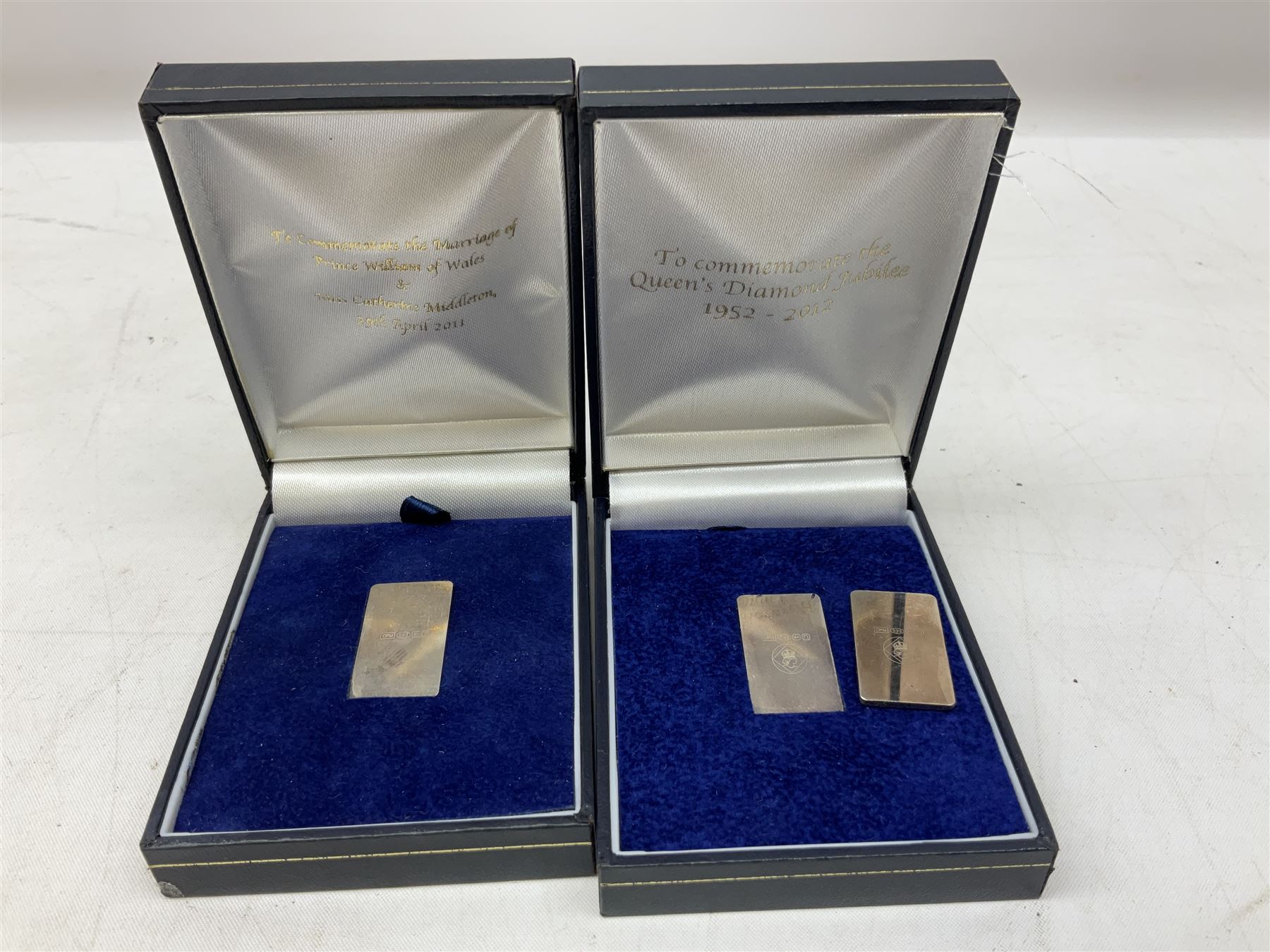 Quantity of silver comprising two 2012 Diamond Jubilee silver commemorative plaques stamped 999, hallmarked Birmingham 2012 with Jubilee stamp, together with a Prince William and Catherine Middleton silver bar stamped 999, Refine Met Fine Silver 999 bar and Atam Vallabh AVI Industries bar stamped fine 999, all tested, total weight approx 45.5g