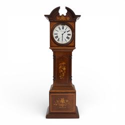 Edwardian mahogany and marquetry miniature longcase clock, the case with ogee top, over ar...