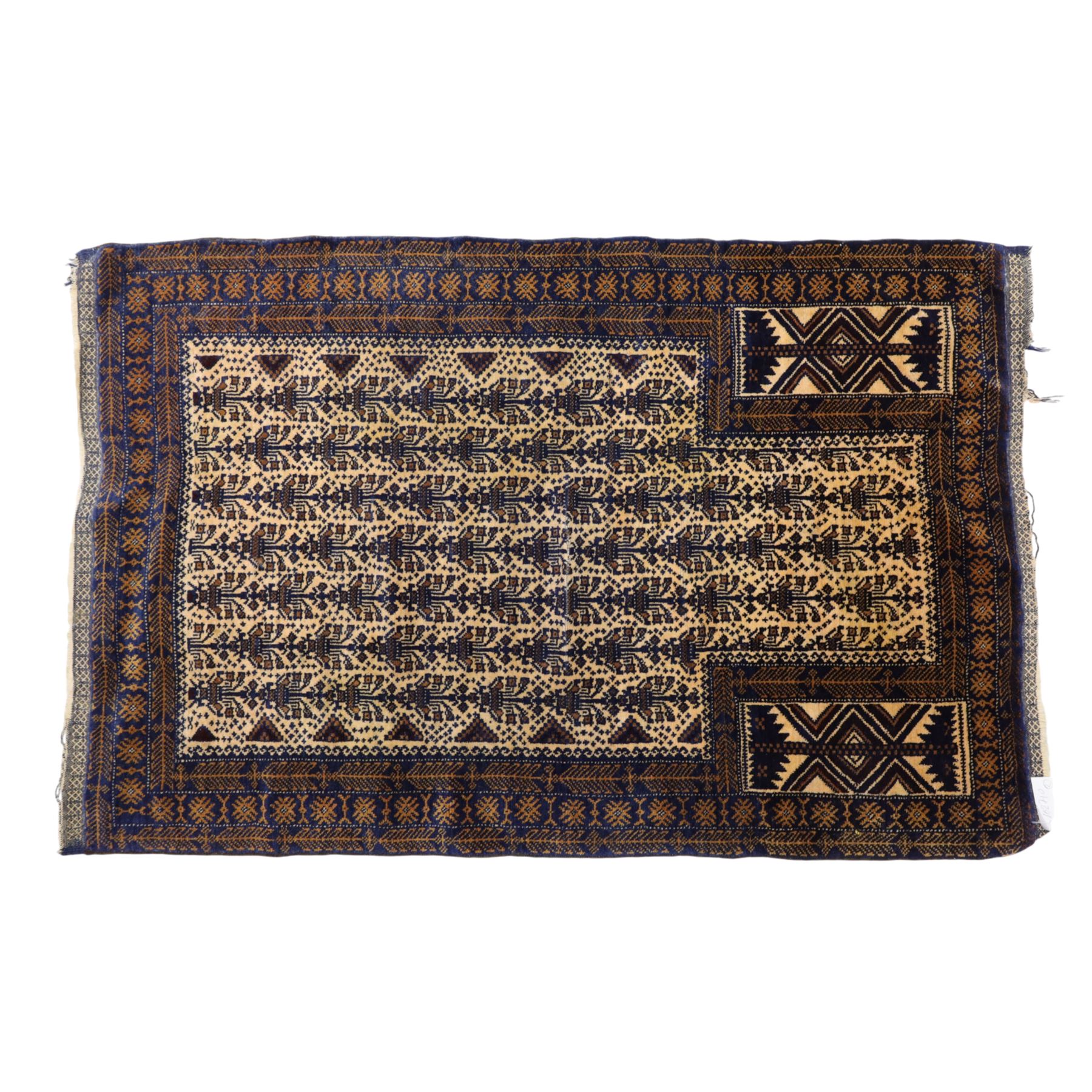 Afghan Ersari hand-knotted rug, apricot field decorated with three large octagonal gul medallions filled with geometric floral motifs, flanked by small tribal devices, end fringe fraying 97x167cm, together with a Baluch prayer rug, decorated with stylized tree motifs arranged in vertical rows beneath a stepped mihrab arch with multiple narrow borders of angular tribal motifs in shades of indigo, brown, and ochre fraying to flatweave ends, 134x84cm, (2)