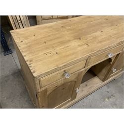Victorian pine dresser base, rectangular top over three drawers and two panelled cupboards, on skirted base - THIS LOT IS TO BE COLLECTED BY APPOINTMENT FROM THE OLD BUFFER DEPOT, MELBOURNE PLACE, SOWERBY, THIRSK, YO7 1QY