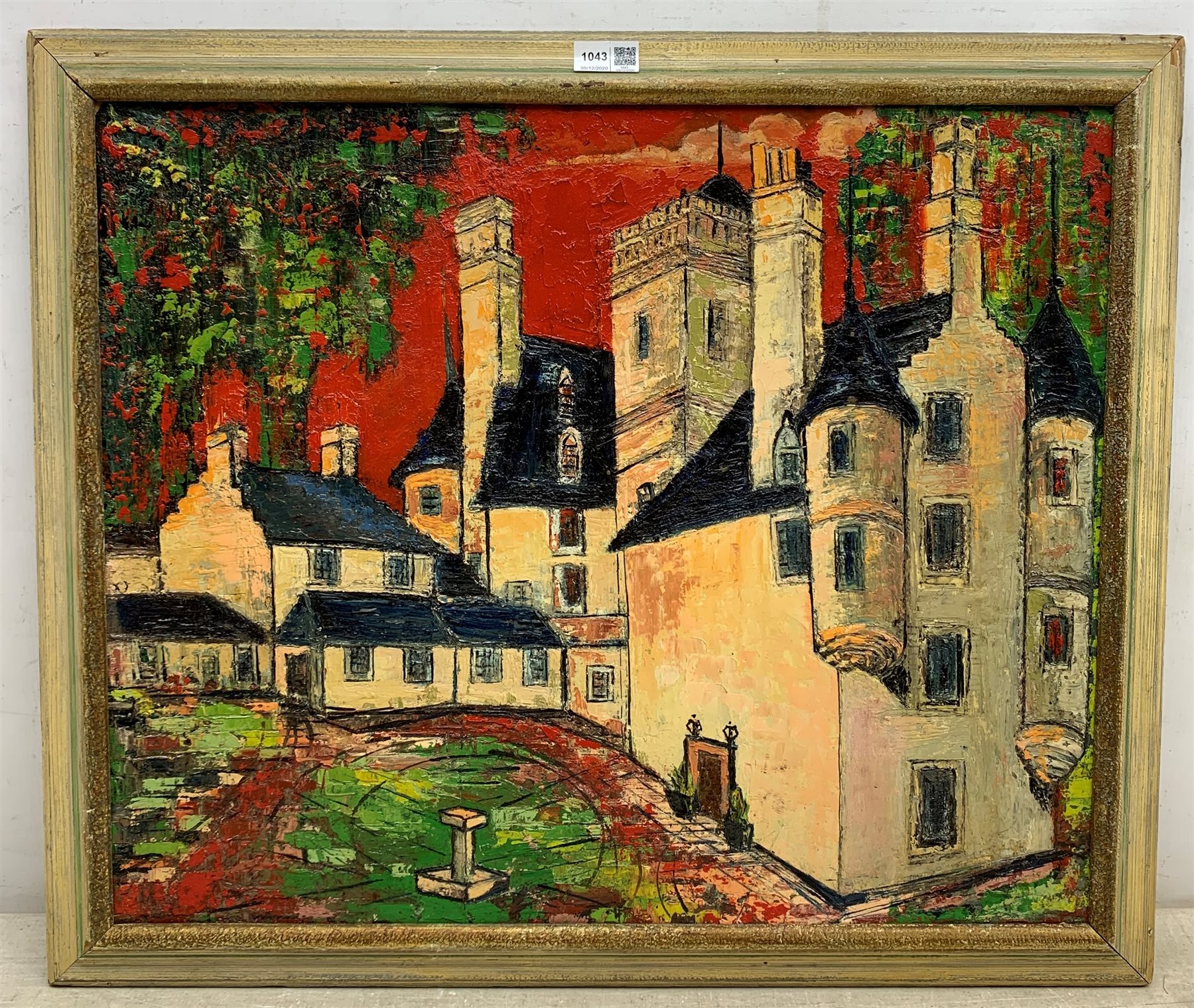 Lady Brenda Steel-Maitland (British ?-2003): 'Red Sky' Castle Gogar near Edinburgh, oil on board, signed, titled and inscribed verso 49cm x 60cm