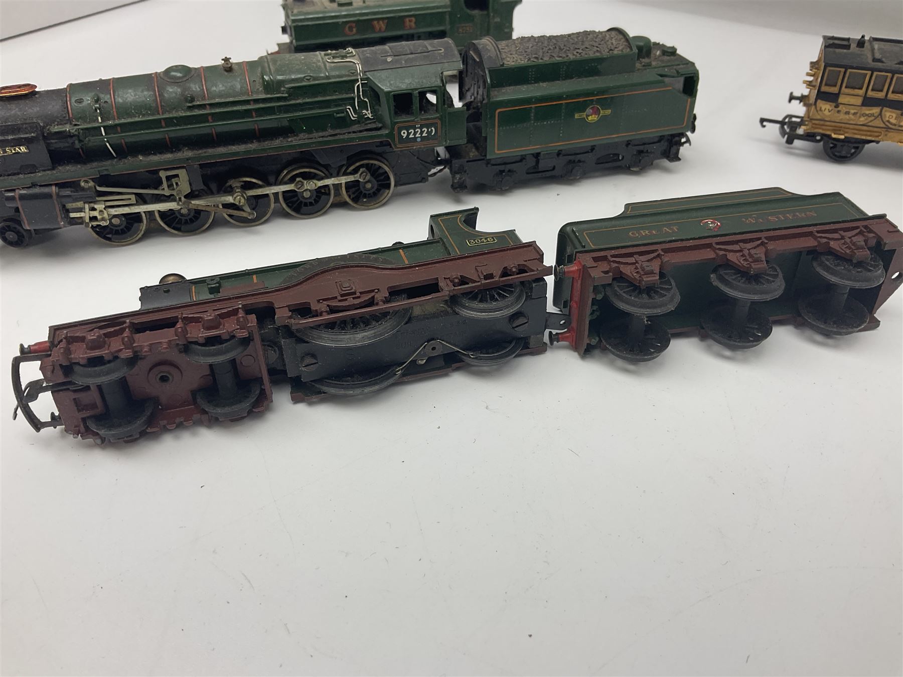 Hornby/Tri-ang '00' gauge - six locomotives - Class 9F 2-10-0 'Evening Star' No.92220; Class A3 4-6-2 (no name or number); Dean Single 4-2-2 'Lord of the Isles' No.3046; Princess Class 4-6-2 'The Princess Royal' No.46200; Class 57XX Pannier 0-6-0 tank No.8751; and Stephenson's Rocket with one passenger coach; all unboxed (6)