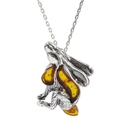 Silver Baltic amber moon gazing hare pendant necklace,