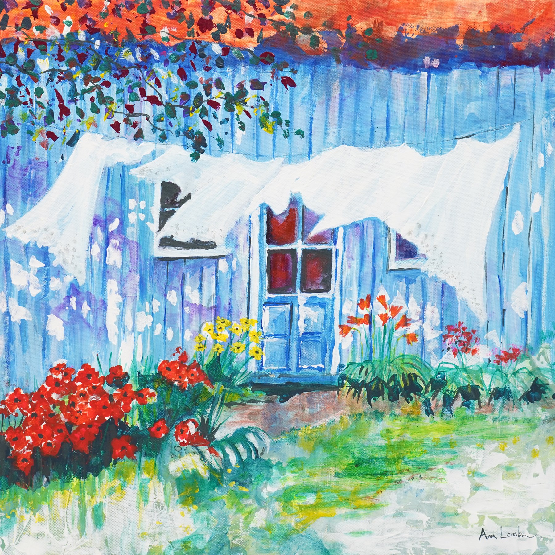 Ann Lamb (British 1955-): Laundry Drying in the Wind, acrylic on canvas signed 40cm x 40cm (unframed)