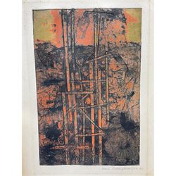 E Martin (British 20th century): 'Moonlight', screenprint signed titled dated '92 and numbered 2/30, 24cm x 16cm; Continental School (20th century): Abstract in Red and Black, etching indistinctly signed and dated '62, 38cm x 25cm; Continental School (contemporary): Geometric Abstract, screenprint indistinctly signed and numbered 45/60, 35cm x 50cm (3) (unframed)