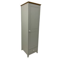 Single wardrobe cupboard, with drawer, finished in duck egg blue with oak cornice