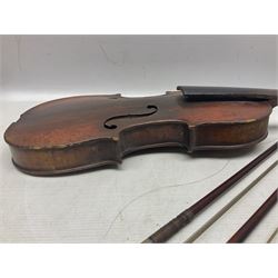 Incomplete amateur made violin c1880 for restoration and completion with 36.5cm one-piece maple back and ribs and spruce top L59.5cm; together with two brazilwood violin bows and pernambuco cello bow, all with nickel mounts (4)