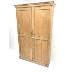 19th century housekeeping cupboard, projecting cornice above two panelled doors, plinth base