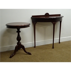  Reproduction mahogany D shaped side table on turned supports, W90cm, H84cm, D39cm, and a similar tripod table, D50cm, H65cm (2)   