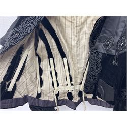 Victorian three piece mourning dress, with lace trim and jet beading, including velvet coat with satin collar panels and cuffs, the nipped waist with boning and slight flared peplum, heavily embellished beaded high neck collar, and ladies embroidered silk lined purse with gilt handle, mount and clasp