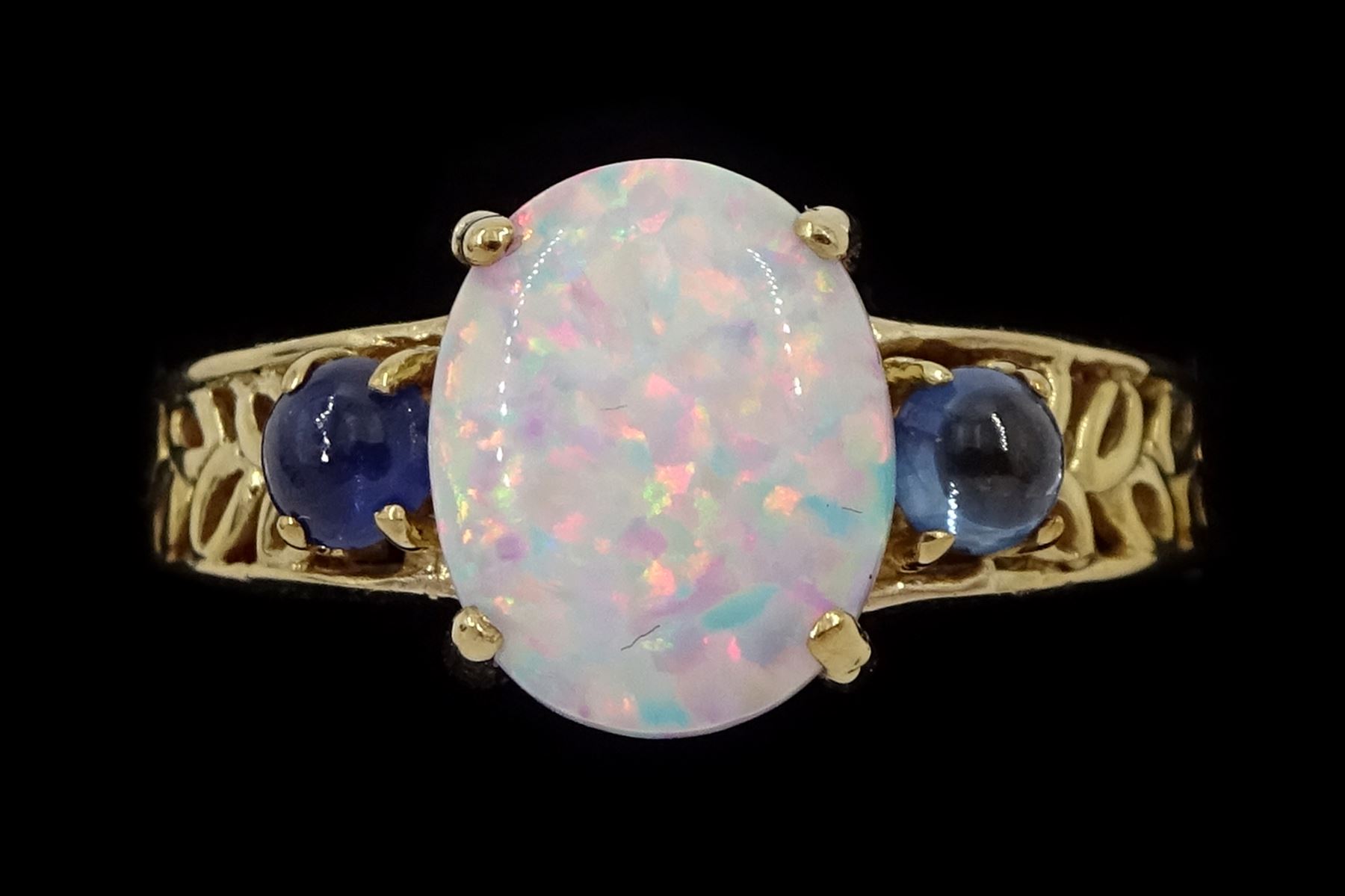 9ct gold three stone opal and sapphire ring, hallmarked