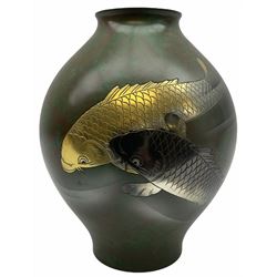 Japanese brass vase of baluster form, the green and brown marbled effect body decorated with two koi fish, with impressed character mark beneath, H24cm.