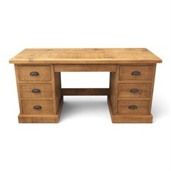 Indigo Furniture - rustic oak twin pedestal desk, rectangular plank top, with central frie...