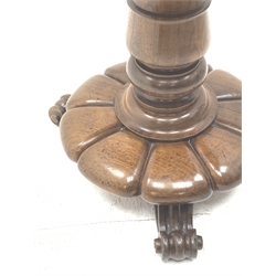 Victorian rosewood adjustable piano stool, circular revolving upholstered seat on turned column support, lobe carved platform base, three scroll carved feet, H53cm (lowest height)