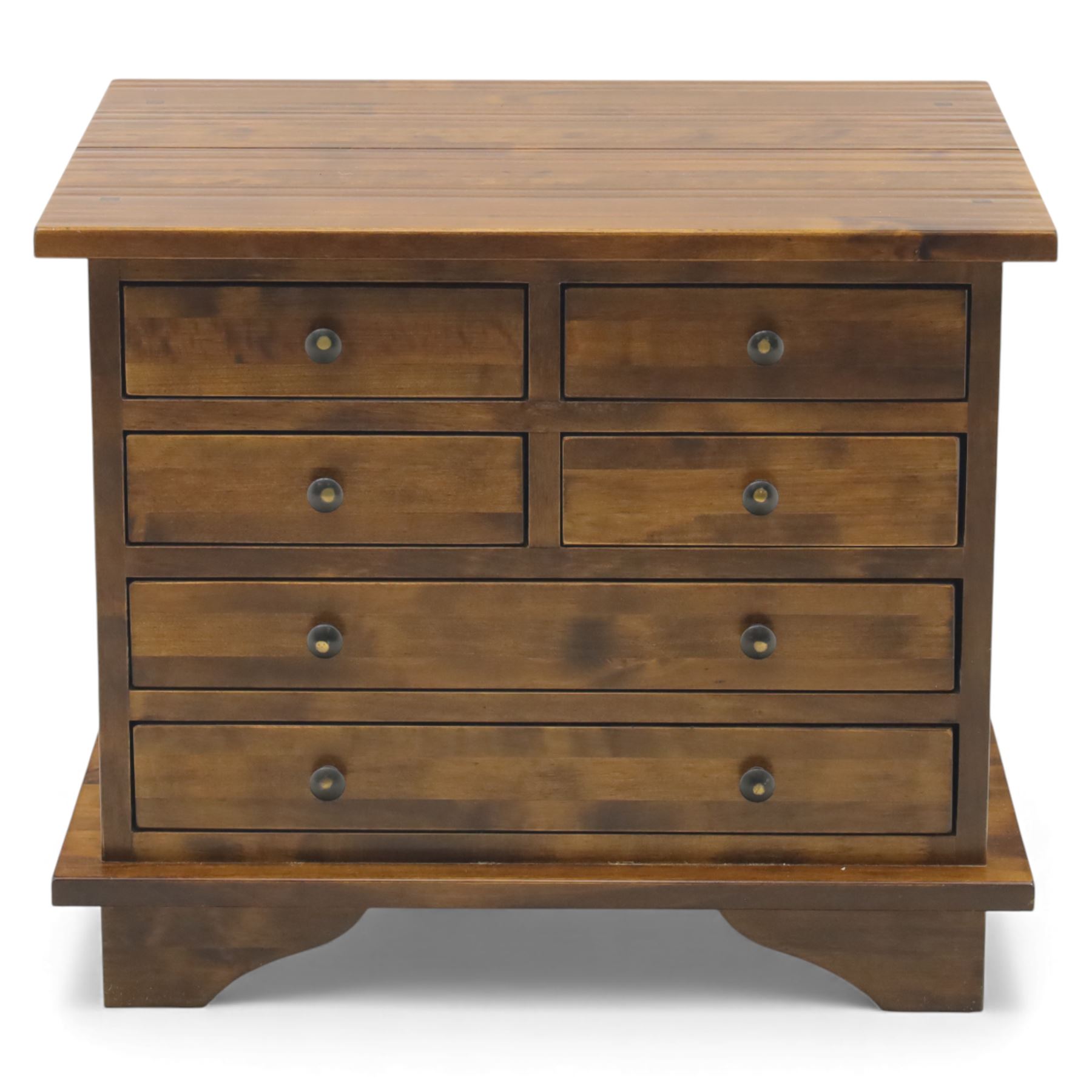 Laura Ashley - 'Garrat Dark Chestnut' birch side table, four short drawers over two longdrawers, with distressed black metal pulls, on shaped bracket feet