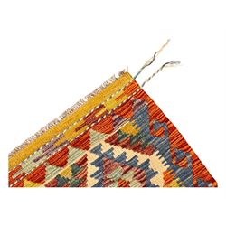 Chobi Kilim runner, cream ground with a multicoloured lattice of repeating diamond motifs, framed by a geometric border, finished with braided corner tassels