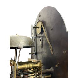 Henry Hindley of York – mid-18th century oak cased 8-day longcase clock,
flat topped caddy pediment with gesso finials, rectangular hood door flanked by wooden turned pilasters with capitals, canted trunk with a full-length break arch topped door on a short plinth with applied skirting and bracket feet, brass dial with a silvered chapter ring, Roman numerals and five-minute Arabic’s, minute and inner quarter hour tracks, matted dial centre with subsidiary seconds dial, blued steel hands and female head pattern spandrels, silvered calendar dial to the break arch with dolphin spandrels, four pillar rack striking movement, striking the hours on a bell. With weights and pendulum. 
H250 W48 D27
Henry Hindley originally from Wigan (Lancs) is recorded as working in York from Petergate 1731-41 then Stonegate 1741-1771. A famous and highly innovative maker, often referred to as the “Tompion of the North.” 
