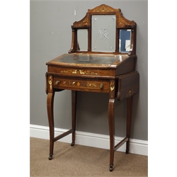  Edwardian bone and satinwood inlaid rosewood desk, raised mirror back above leather slope and drawer, with two fall leaves, on square tapered supports, W90cm, H123cm, D45cm  