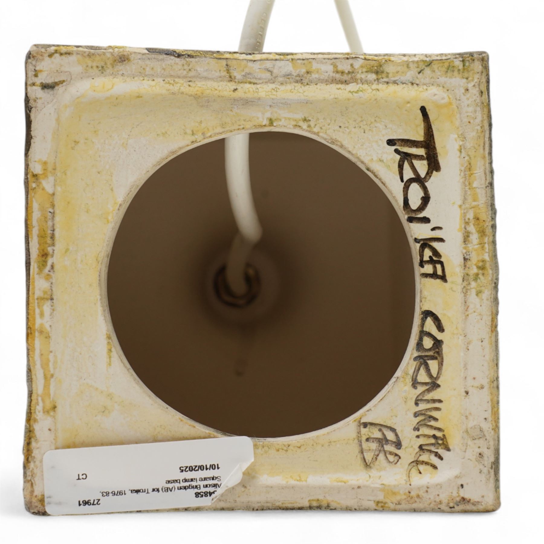 Alison Brigden (AB) for Troika, 1977-83, Square lamp base with incised geometric decoration H23cm excluding fitting