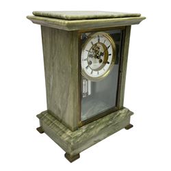 Henry Marc - Early 20th century 8-day French art deco mantle clock c1910, in a green mottled marble case with a stepped flat top and deep moulded plinth, brass framed bevelled front and rear glass doors, two part enamel dial with a visible Brocot deadbeat escapement and pendulum regulation, steel moon hands and Roman numerals, Parisian twin train rack striking movement with a visible twin file mercury pendulum, striking the hours and half-hours on a bell.