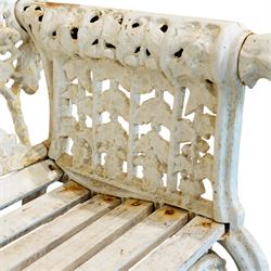 Coalbrookdale design - early 20th century cast iron oak leaf and acorn bench, white painted cast iron frame with slatted wooden seat, the pierced and shaped back decorated with scrolling oak branches and leafage, flanked by dog mask arm terminals over cabriole supports with paw feet 
