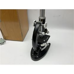 ASA Tokyo monocular microscope with black body, pitchfork base and wooden carrying box containing additional lenses No.47324 H29cm; Universal Avometer Model 8x Mk.III (Panclimatic); and Dansette 222 portable transistor radio (3)