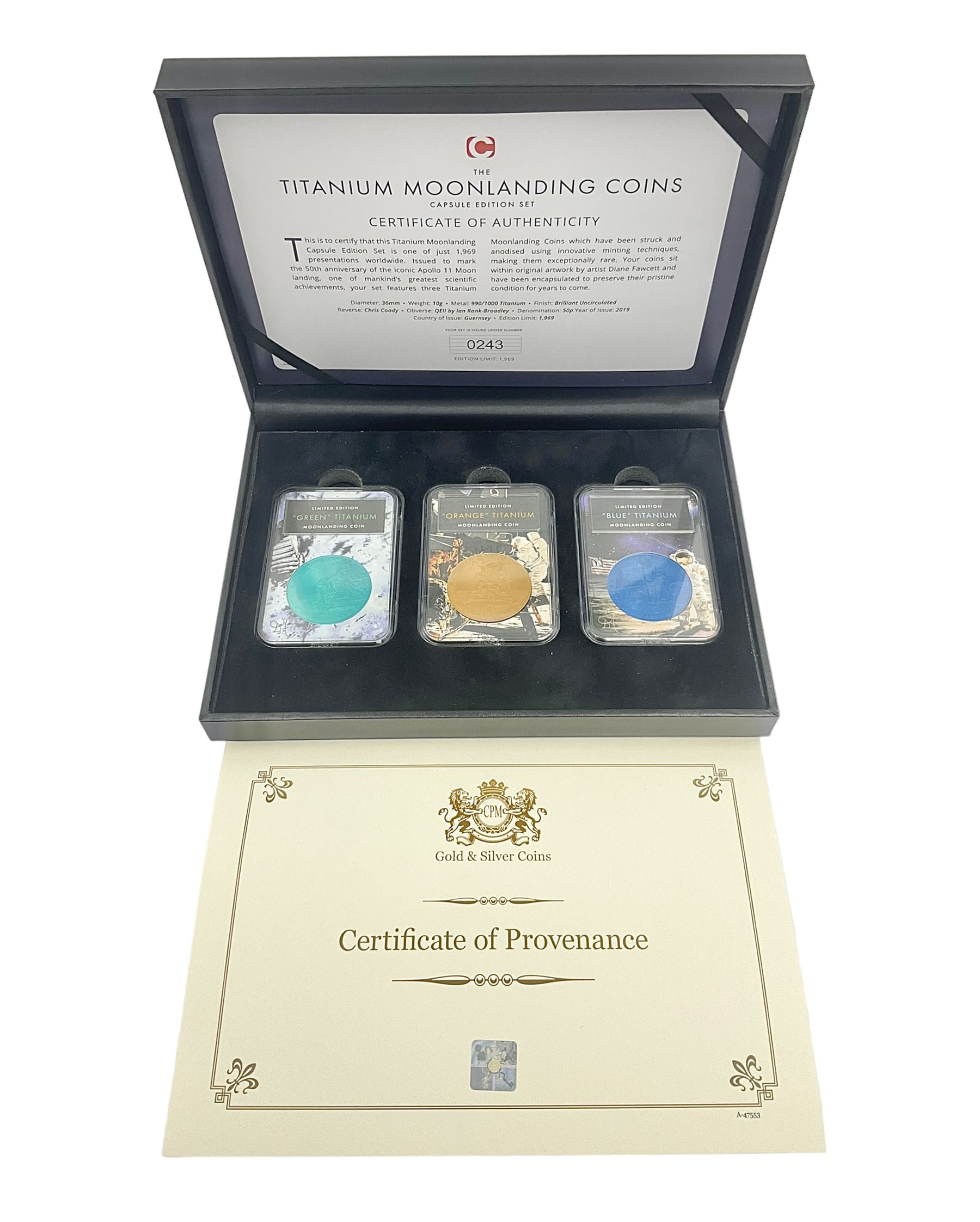 Queen Elizabeth II Bailiwick of Guernsey 2019 'The Titanium Moonlanding' fifty pence three coin set, comprising 'Green', 'Orange' and 'Blue' titanium coins, in capsules and case with certificate