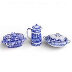 Spode Italian pattern teacup and saucer, together with hot water jug, cake plates etc and other blue and white 