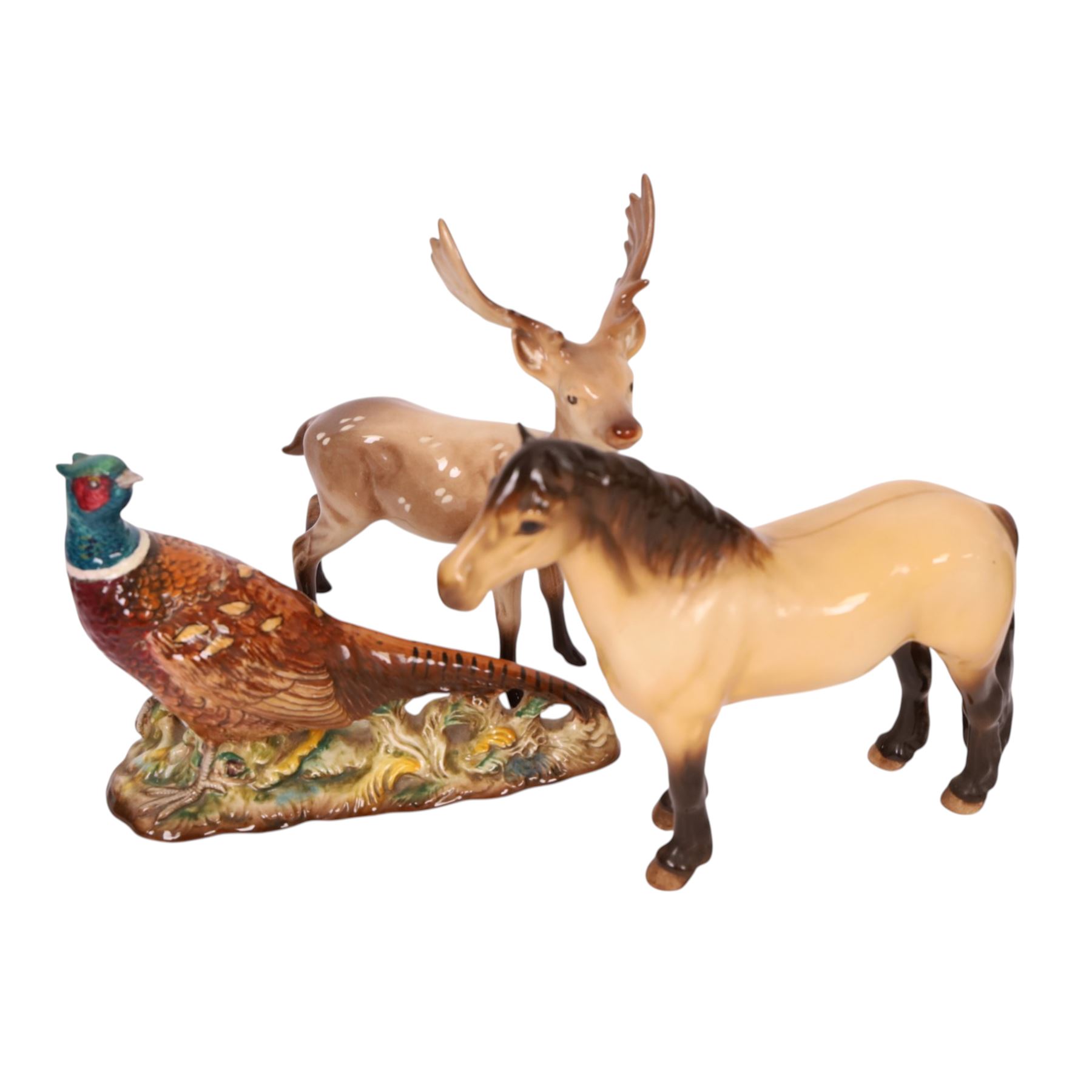 Collection of Beswick figures, including Highland horse, pheasant, deer, stag, etc, together with Royal Copenhagen dog 