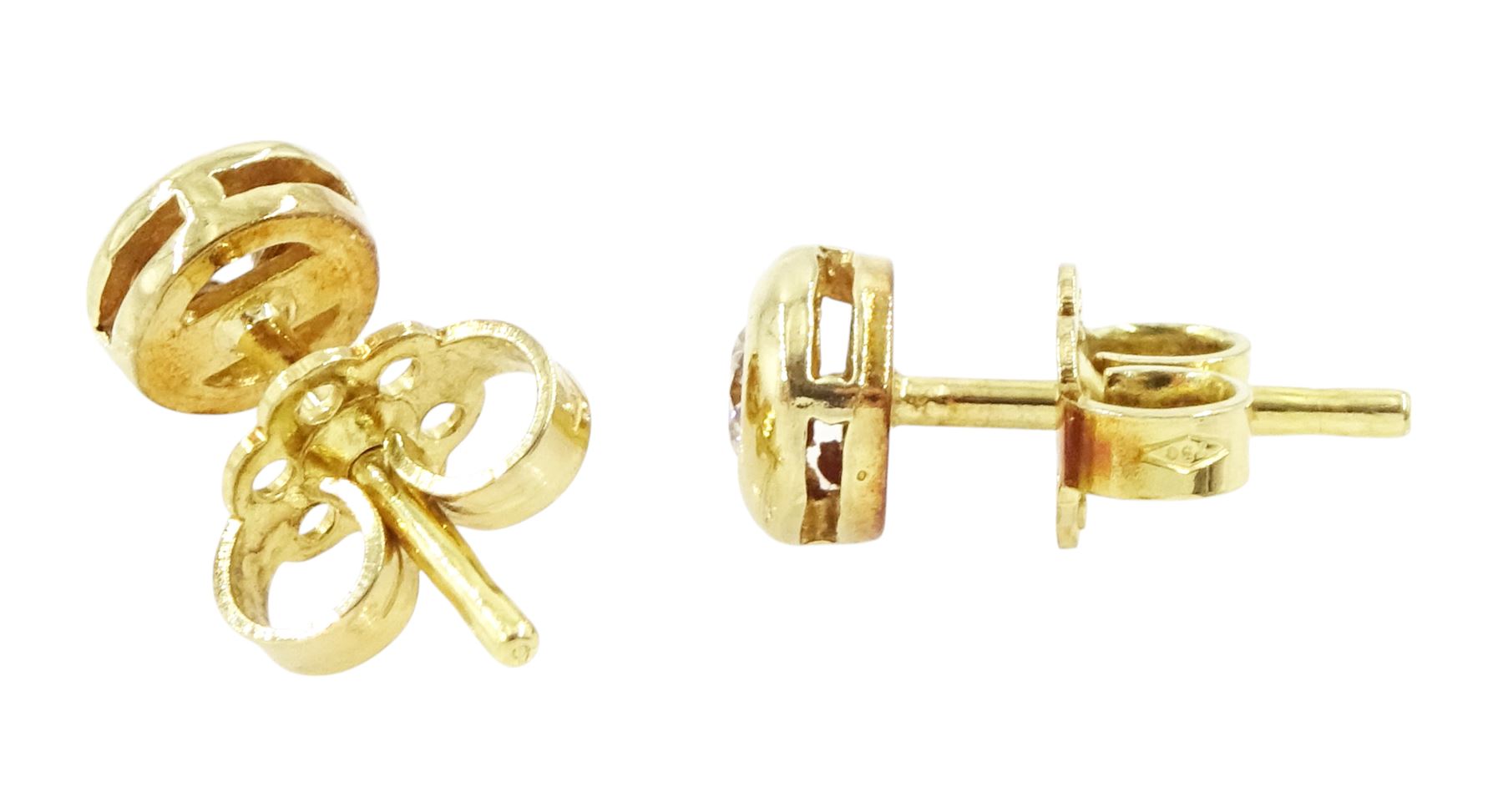 Pair of 18ct gold bezel set, round brilliant cut diamond stud earrings, hallmarked, total diamond weight approx 0.30 carat