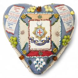 Victorian sweetheart pin cushion in the form of a star 'Forget Me Not, from Warley Barracks' 1889, a WWI heart shape cushion 'Essex Regiment' and another 'Royal Sussex Regiment' (3)