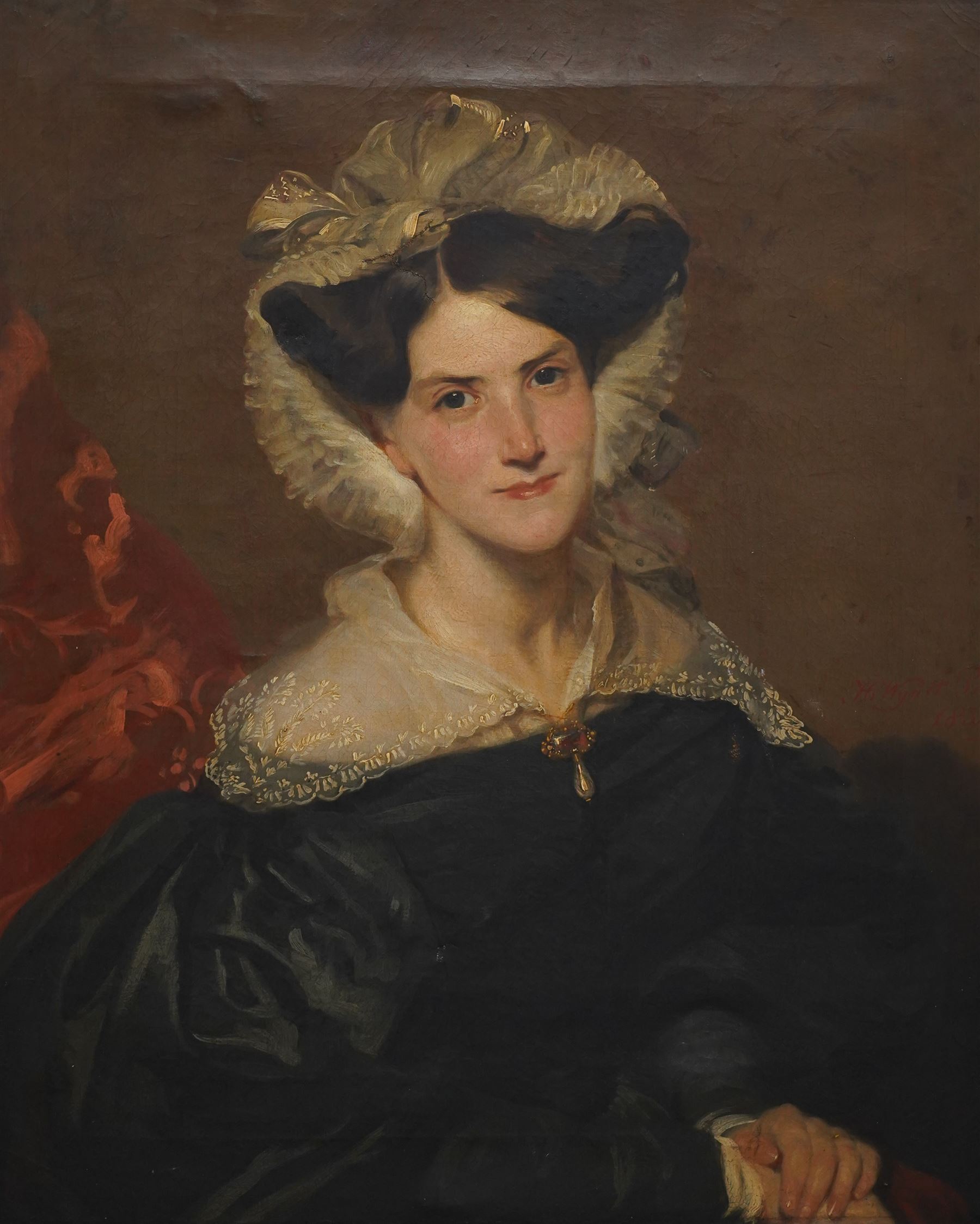 Wyatt Pratt (British early 19th century): 'Portrait of Marie Benson née Scott', Wearing a Black Gown with Lace Bonnet and Collar, oil on canvas unsigned, inscribed and dated 1835 on label verso 75cm x 62cm 
Provenance: bequeathed to Colonel Sackville Hamilton