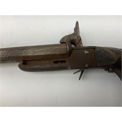 19th century Belgian 9mm side-by-side double barrel pin-fire pocket pistol with 11cm octagonal single block barrel, drop-down triggers and carved walnut stock L22.5cm overall