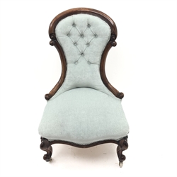  Victorian mahogany framed nursing chairs, upholstered in buttoned duck egg blue fabric, cabriole legs (W60cm) and a mahogany framed bedroom chairs (W50cm) (2)  