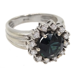  18ct white gold round teal blue synthetic sapphire and diamond cluster ring, hallmarked  