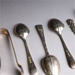 Set of six continental 800 silver coffee spoons with pierced rose design finials, stamped 800 verso, together with a cased set of six teaspoons and sugar tongs, with rattail bowls and engraved initials verso, hallmarked Cooper Brothers & Sons Ltd, Sheffield 1912, 