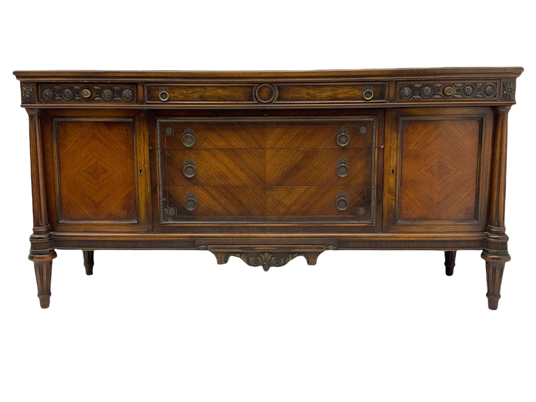 Early 20th century French walnut sideboard, fitted with six drawers and two cupboards