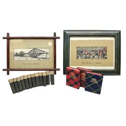 Two Thomas Stevens of Coventry Stevengraphs in original mounts - 'The Death of Nelson' in Moroccan leather frame and 'The Forth Bridge' in simulated rosewood cruciform frame; and fifteen miniature books of Shakespeare and Scottish interest