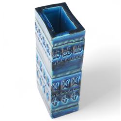 Bitossi pottery Rimini Blu vase, 1970s, designed by Aldo Londi, of rectangular form, with impressed details, with painted marks beneath, H18cm